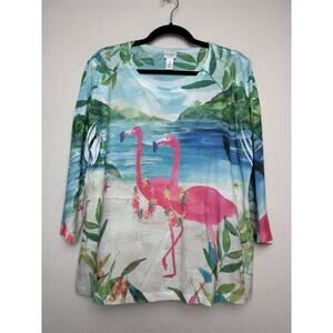 Weekends by Chico's Women's 3/4 Sleeve Flamingo Tropical Print Round Neck Size L